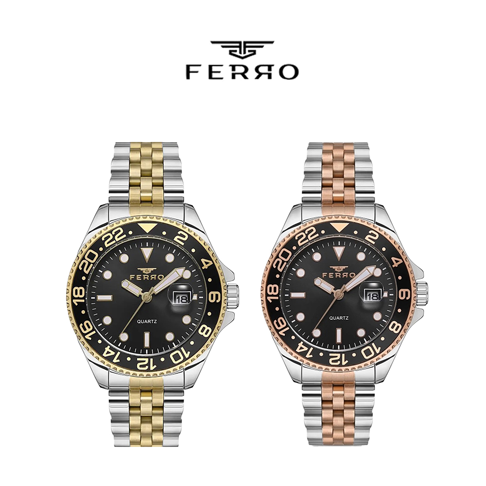 【FERRO 費羅】F11196AWT 日期顯示 雙色 夜光 防水30米 不鏽鋼 男款 手錶