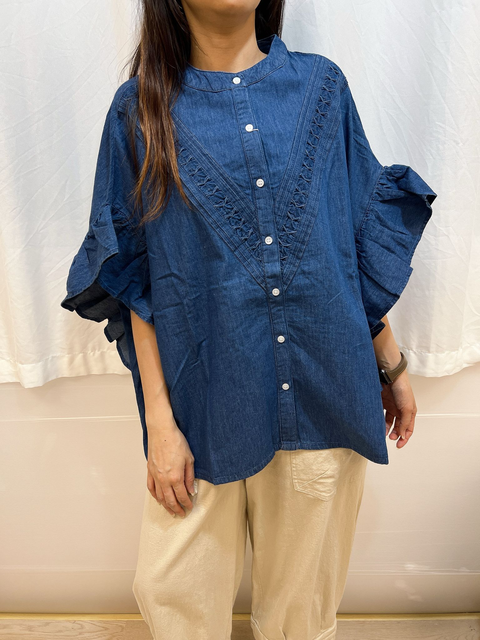 LN 荷葉邊袖牛仔襯衫