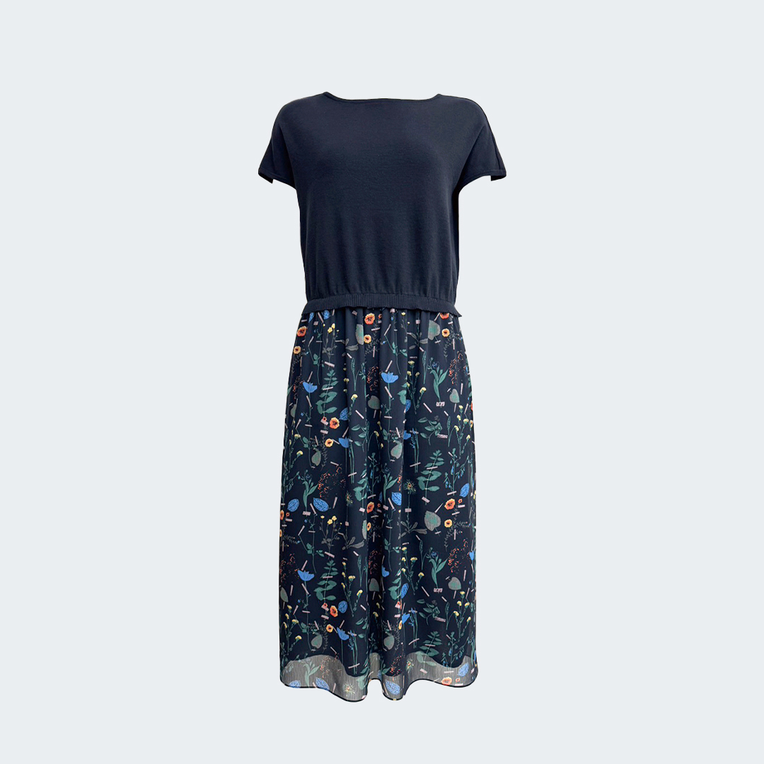 假兩件式純棉上衣拼接澳洲印花裙洋裝