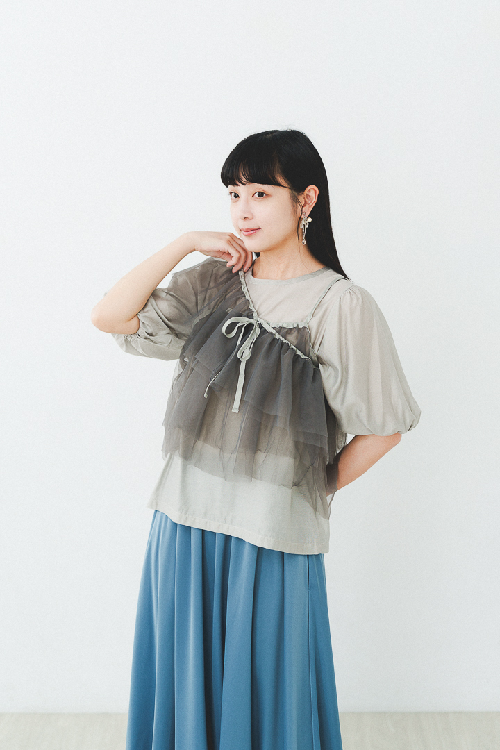 (限量)紗夏！薄紗吊帶+公主袖上衣 set (兩色-優雅灰)