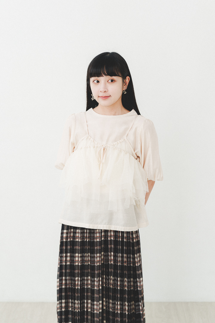 紗夏！薄紗吊帶+公主袖上衣 set (兩色-象牙白)
