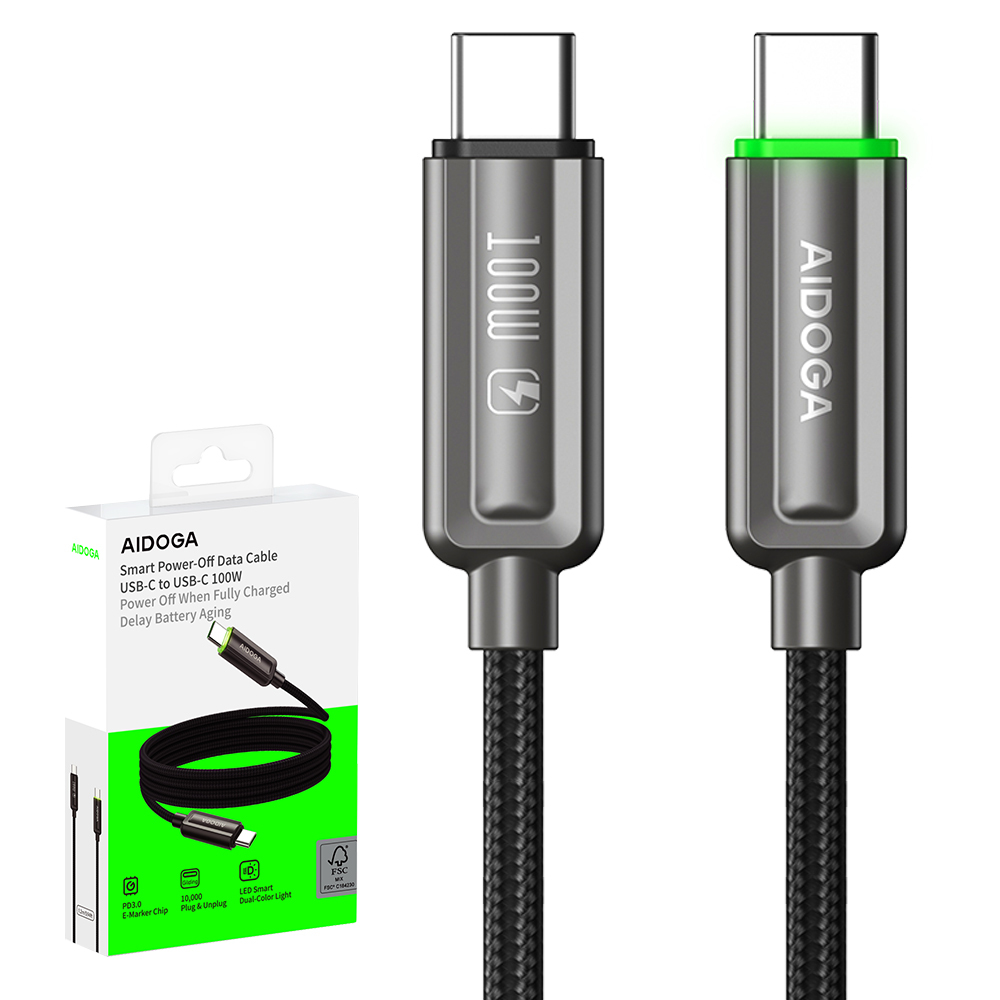 AIDOGA 艾迪伽 雙Type-C/PD智能斷電補電充電傳輸線 100W 閃極 1.2M