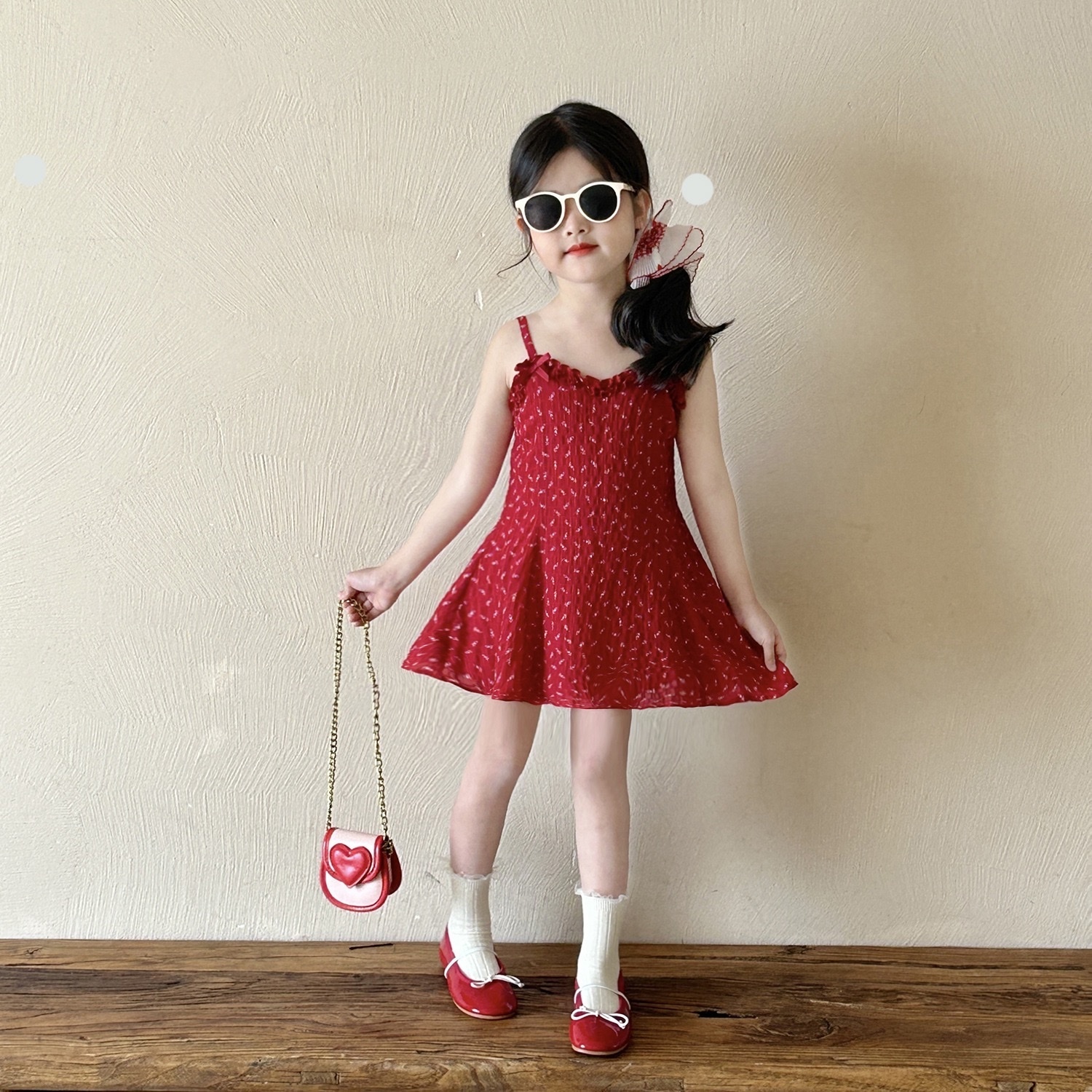 沙灘度假紅色小碎花修身吊帶洋裝