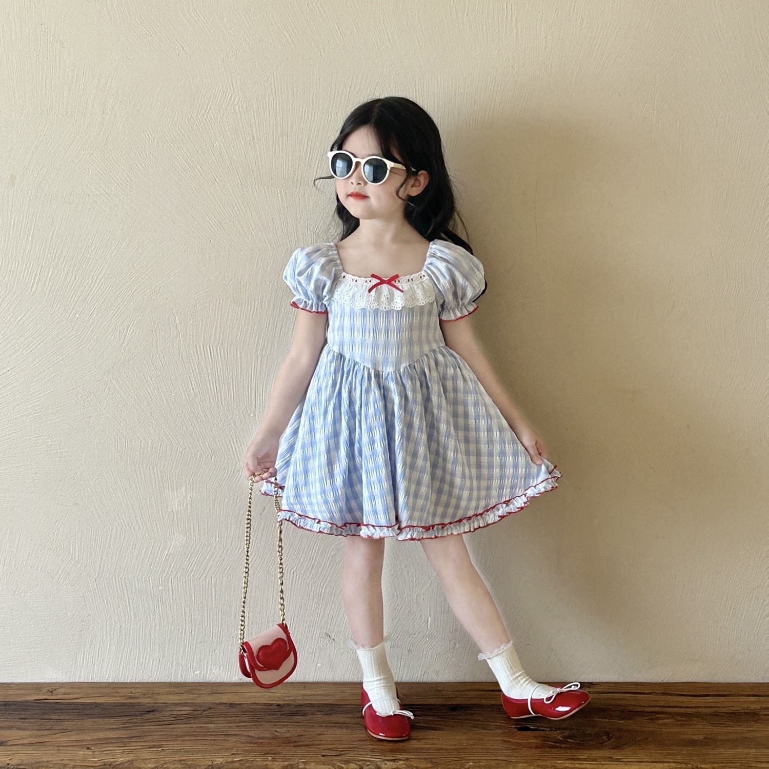 田園野餐風藍格洋裝