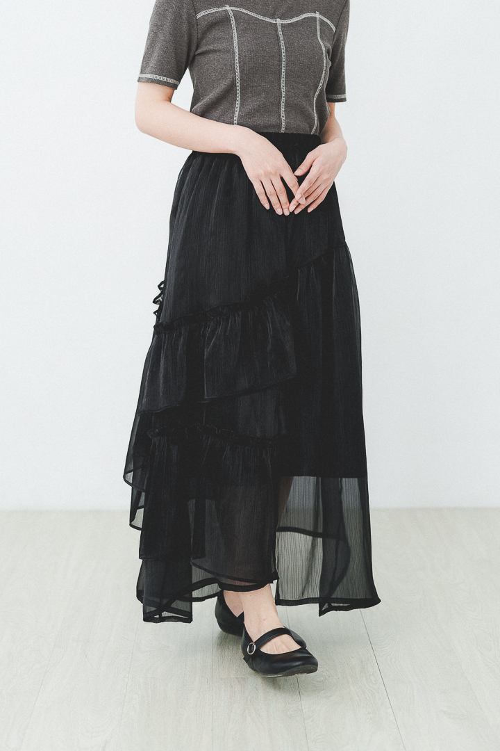 銀河情書！不規則拼接斜片裙(兩色-黑)