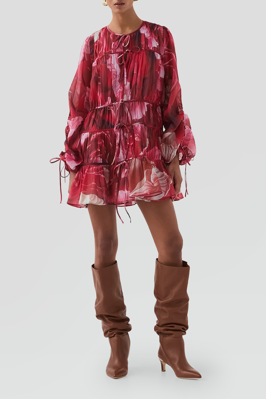 Aje｜FLORA 前繫帶皺褶花卉短洋裝