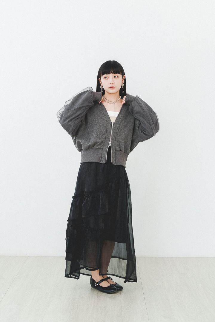 湖面波紋層！雙拉鏈袖子薄紗衫(兩色-炭灰)