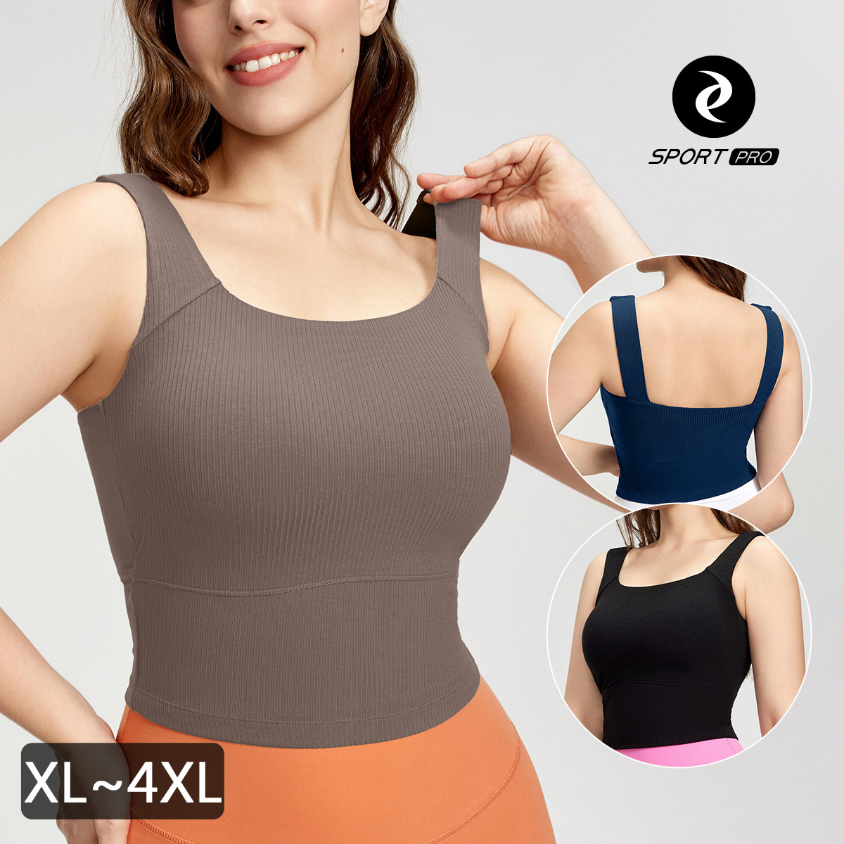 大碼方領坑條含罩杯瑜珈/運動/機能背心【半固定罩杯】