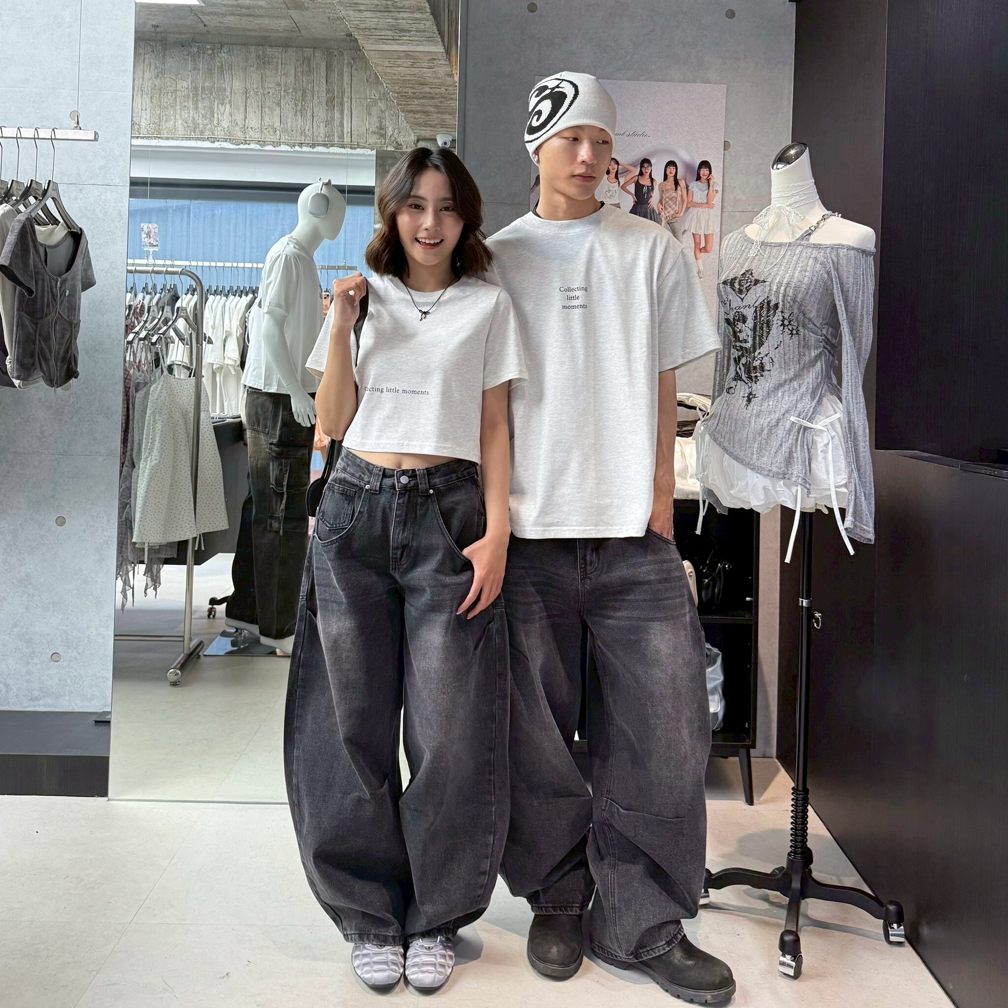 mmb刷舊黑灰情侶彎刀褲