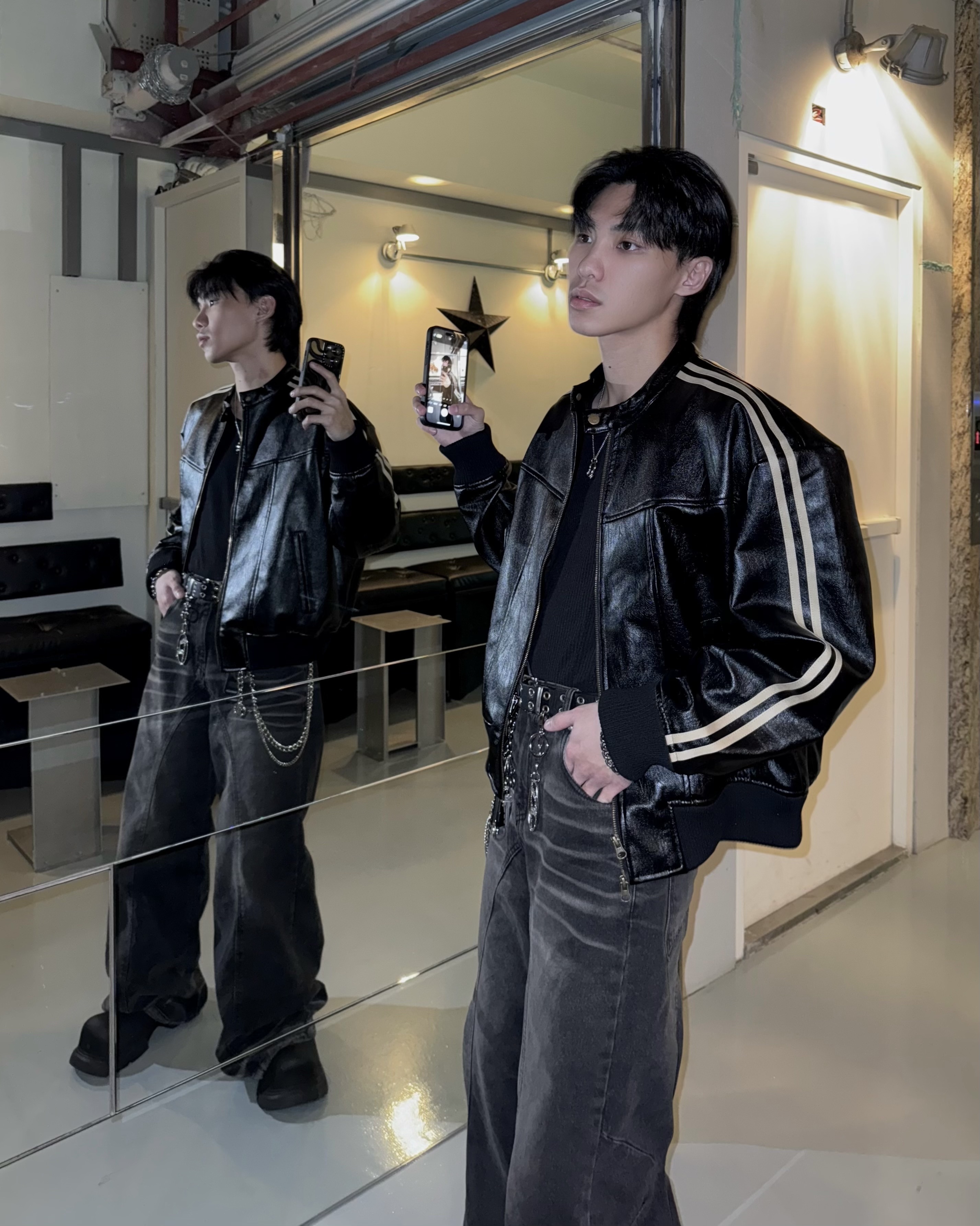 𝐇·𝐓·𝐒 韓國 雙線設計 做舊 裂紋 皮革 短板 立領鈕扣 皮外套