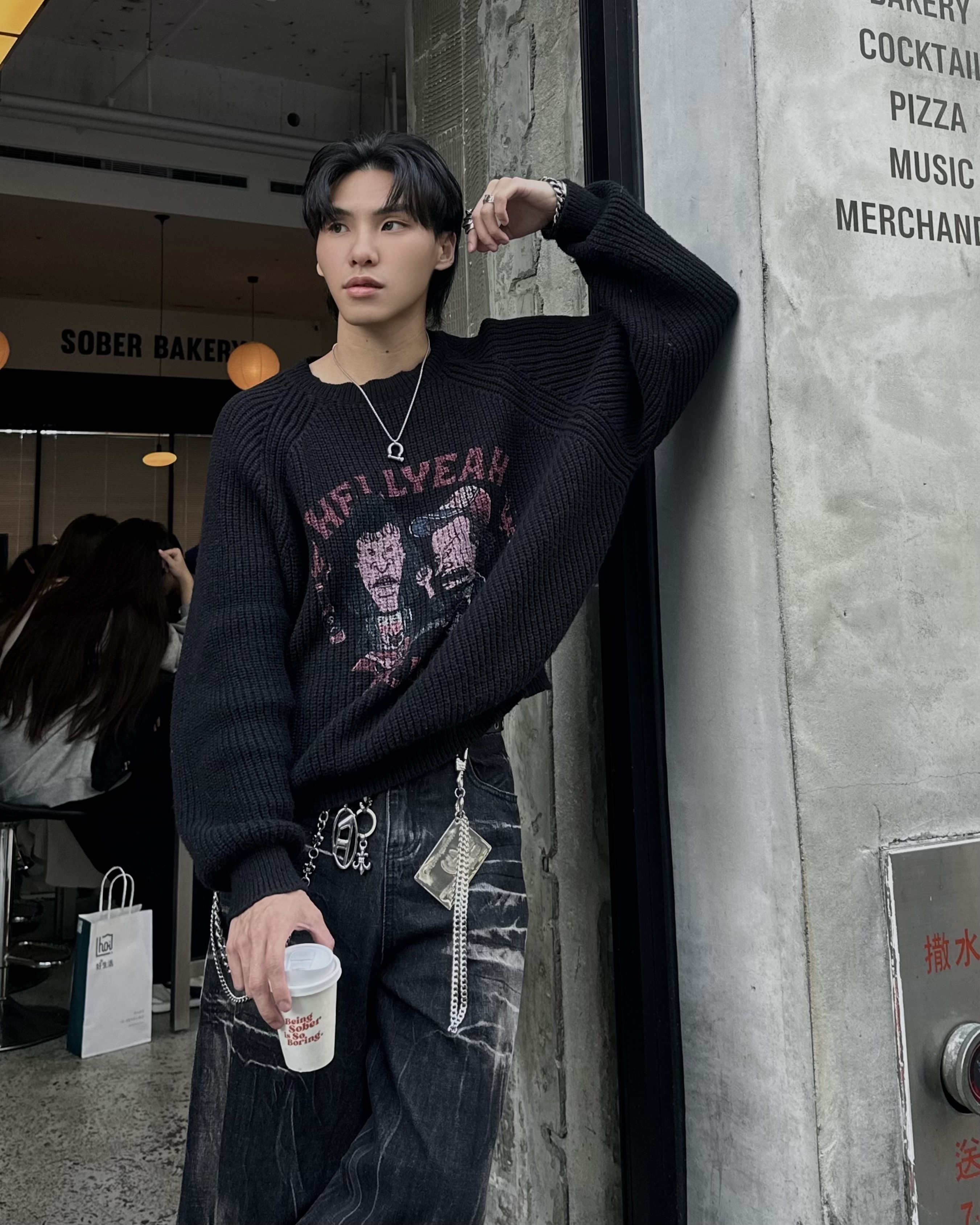 𝐇·𝐓·𝐒 韓國 HELLYEAH 搖滾樂團 針織 潑漆設計 短版 長袖 大學T