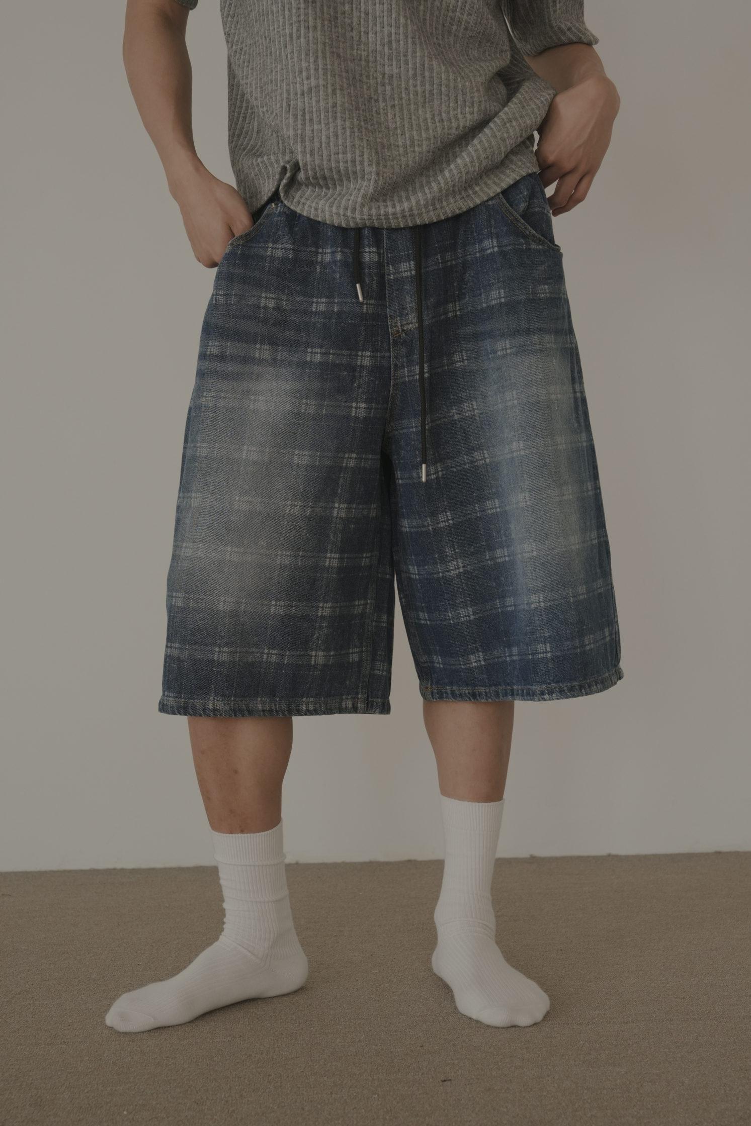 【Unisex】Check Bermuda Denim Pants #七分褲