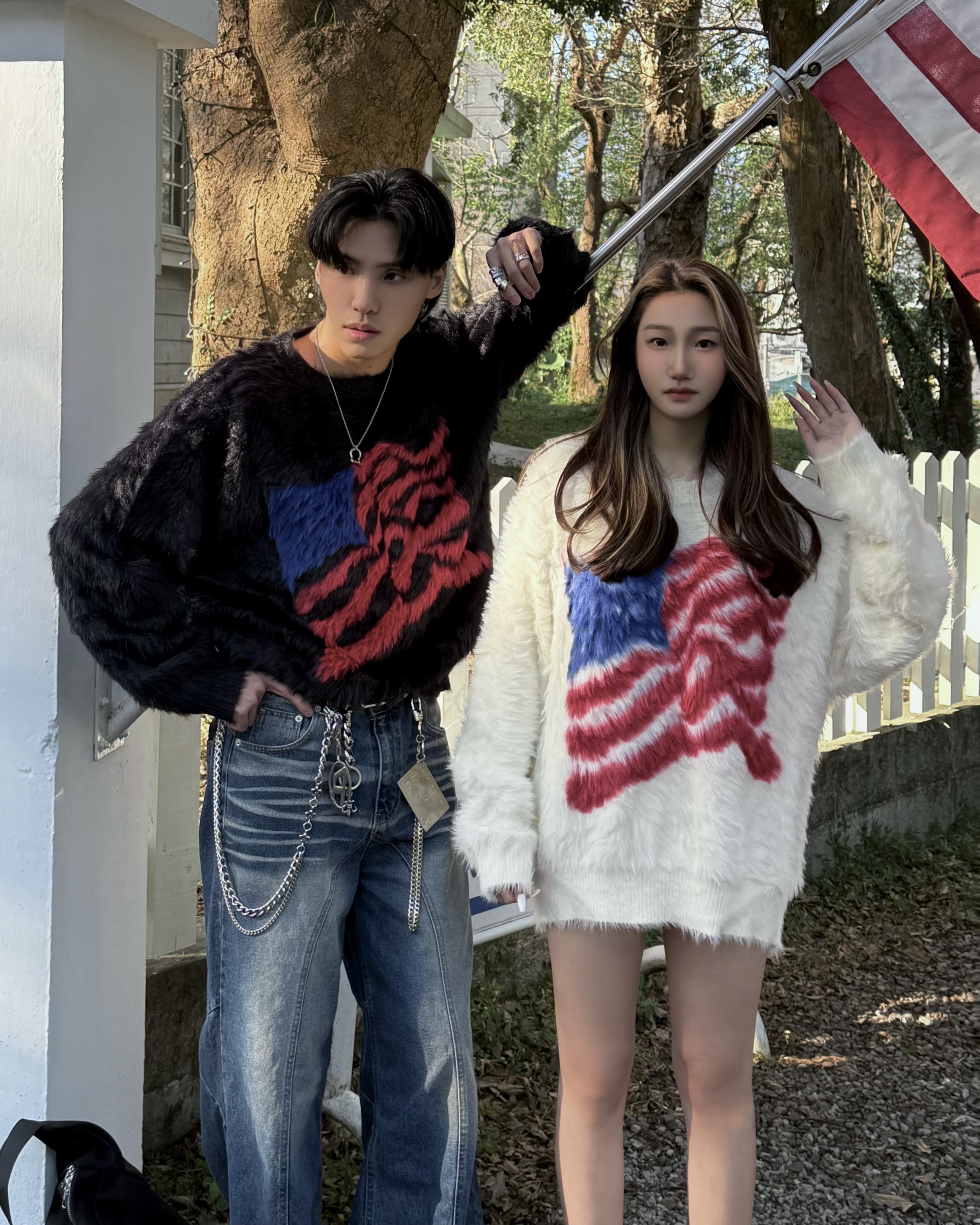 𝐇·𝐓·𝐒 韓國 美國國旗 美式 復古 撞色馬海毛 針織 長袖 大學T