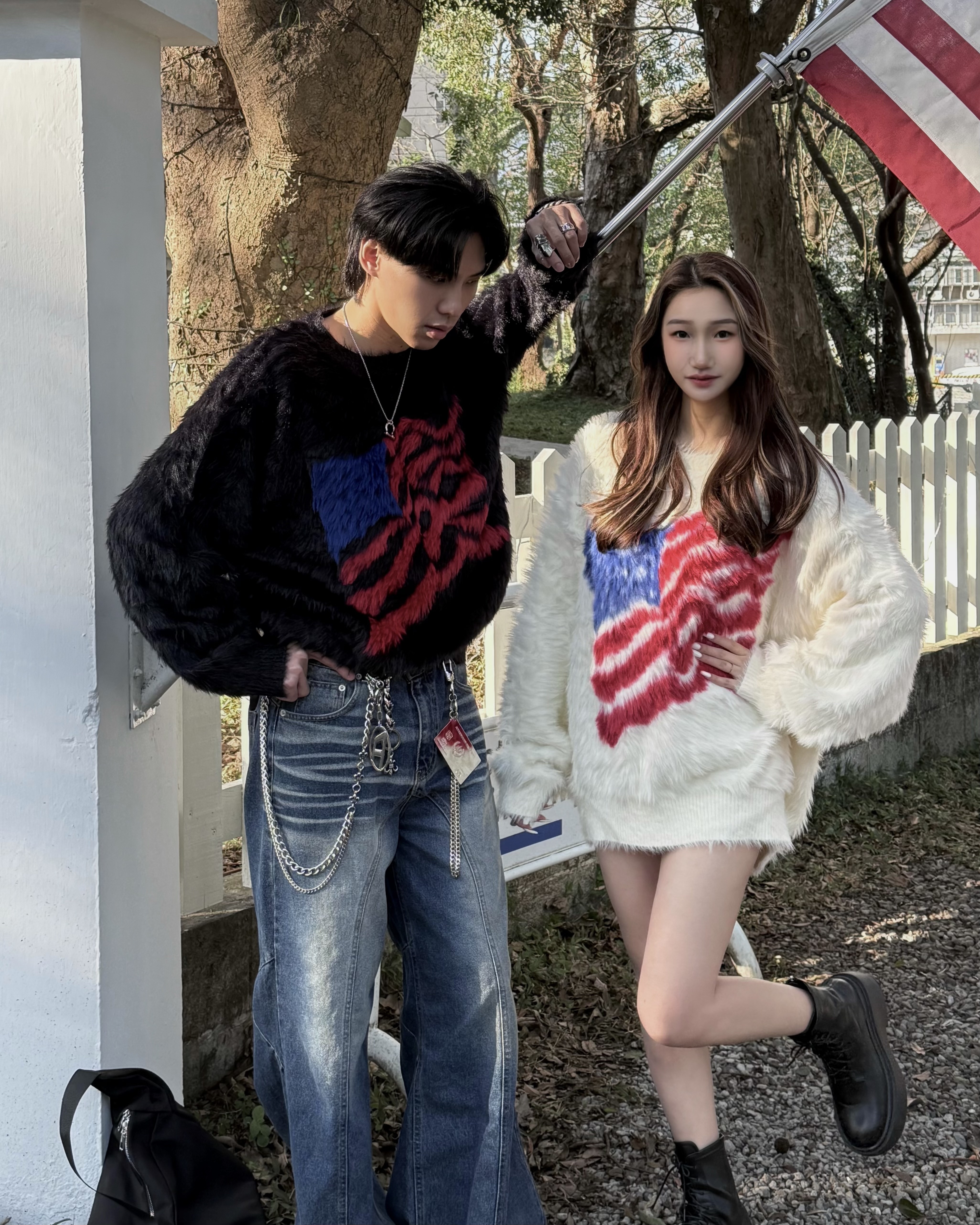 𝐇·𝐓·𝐒 韓國 美國國旗 美式 復古 撞色馬海毛 針織 長袖 大學T