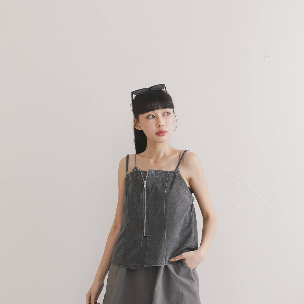 Washed design front zipper spaghetti shoulder blouse vest【01150450】in stock+pre-order
