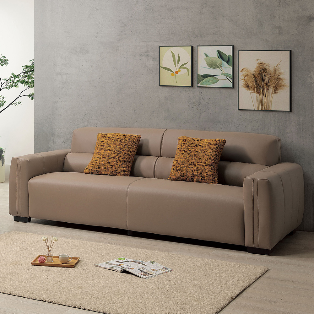 羅伊斯卡其色耐磨貓抓皮革沙發三人座/沙發椅-附抱枕