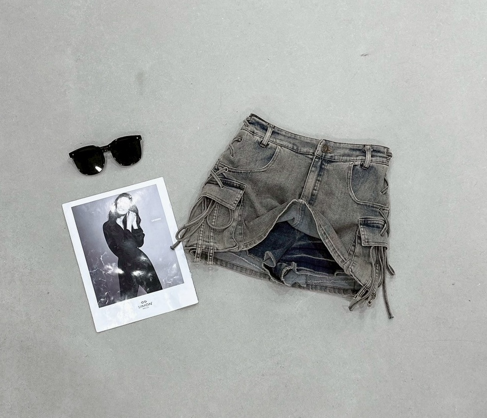 復古側綁繩後鬆緊工裝褲裙 25200