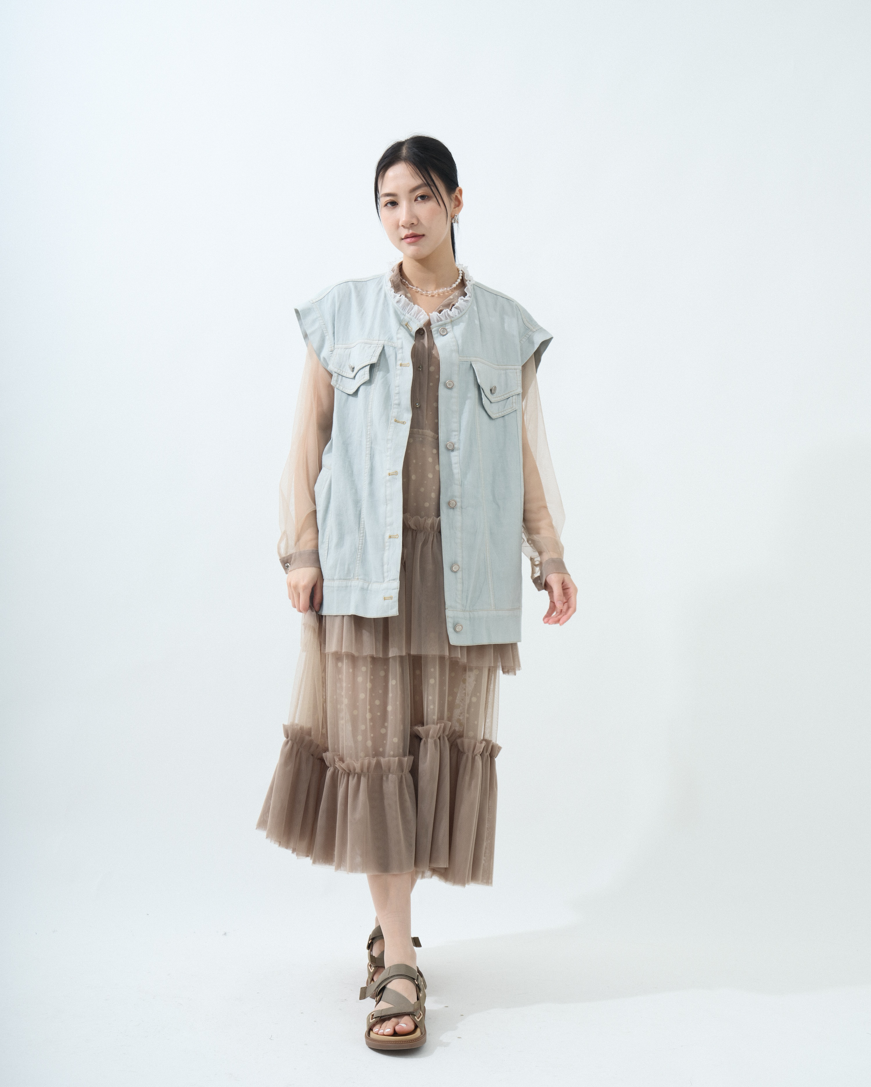 荷葉網紗領oversize牛仔背心  (*現貨款式）