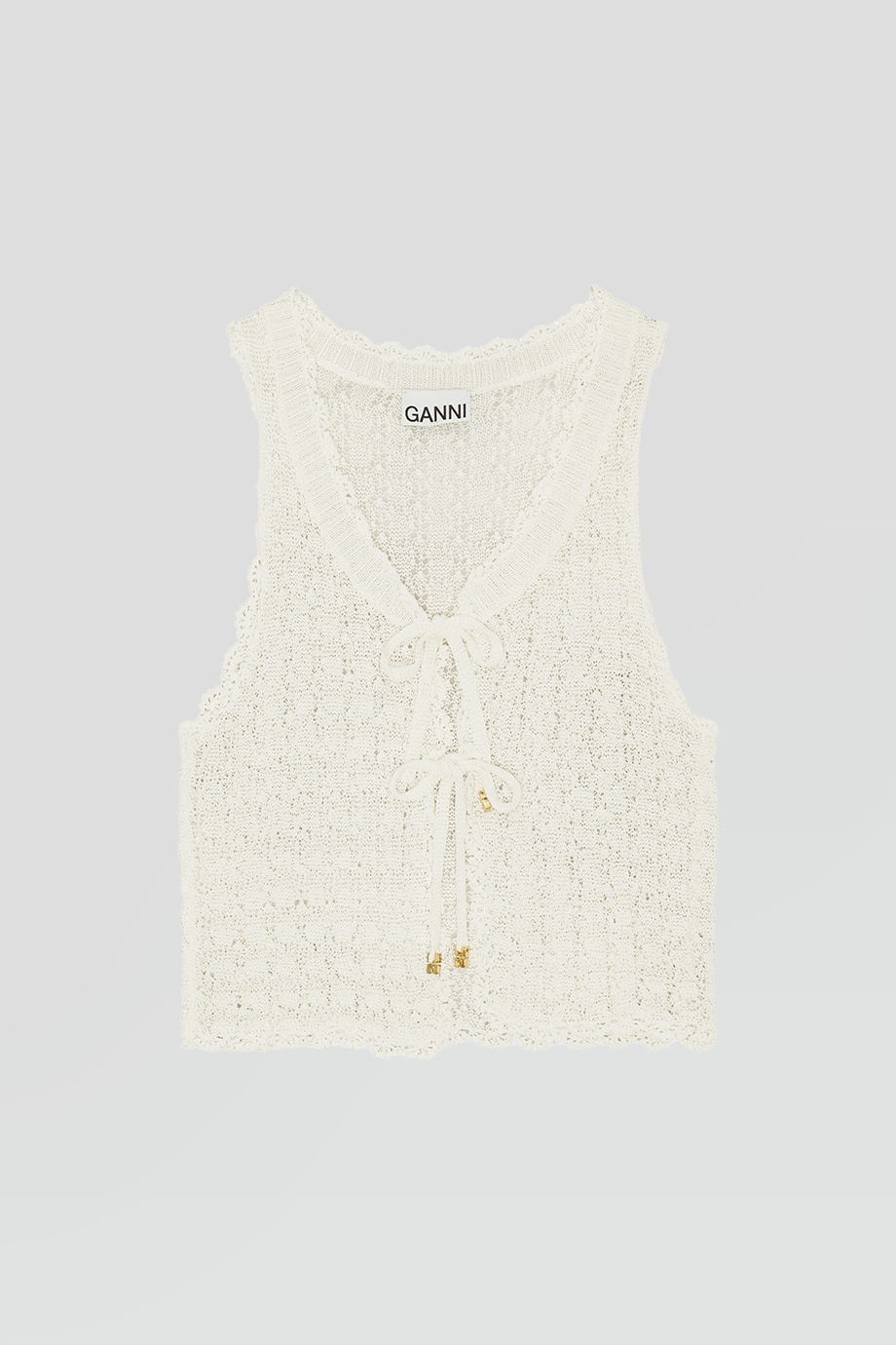 GANNI｜SHINY 前繫帶透膚鉤織背心