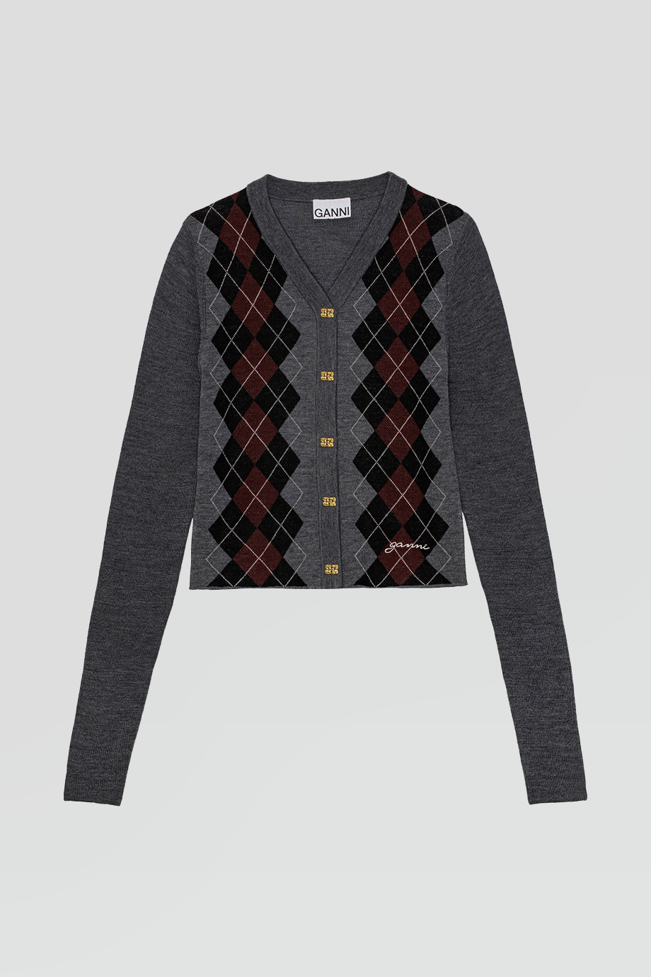 GANNI｜MERINO V領菱格紋提花針織外套