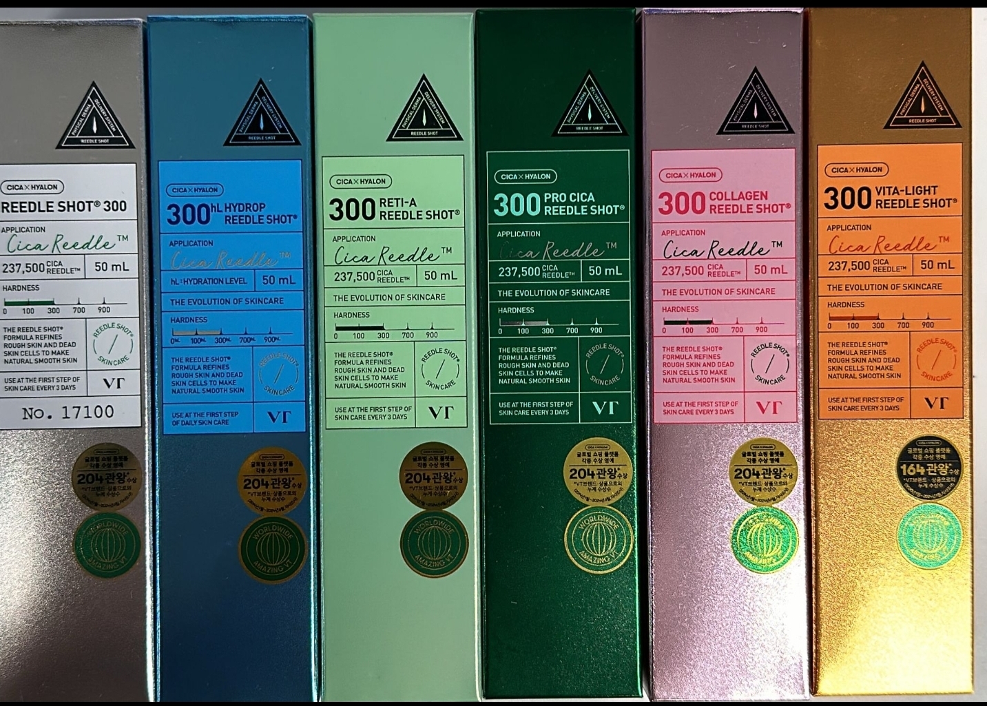 Cd6801   Vt微針300系列50mL $219/1 $430/2  銀色/改善角質毛孔 藍色/去皺紋 淺綠/緊致抗衰老 深綠/敏感暗瘡肌 粉紅/骨膠原蛋白 金色/美白