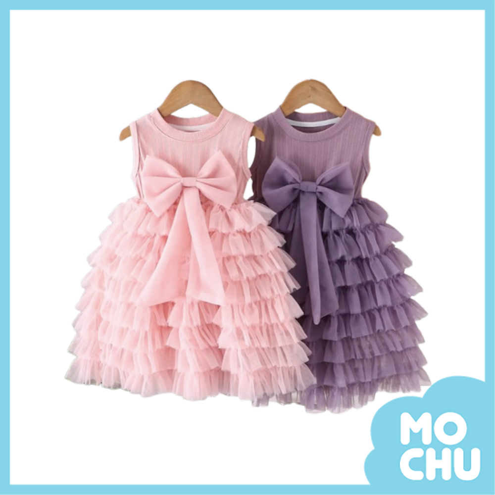 蝴蝶結蓬蓬網紗蛋糕連身長裙(二色)