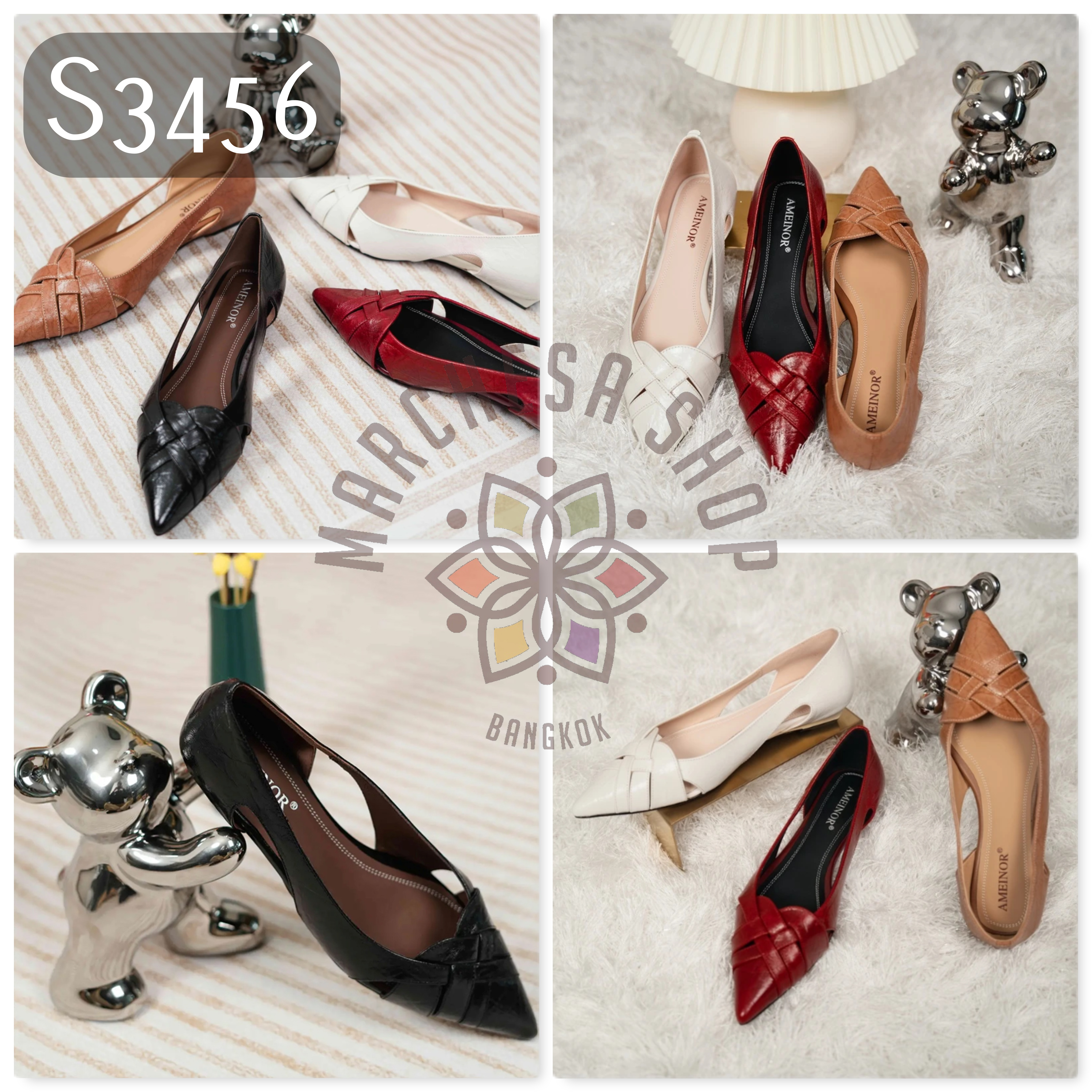 S3456 - 牛皮鏤空編織尖頭低踭鞋