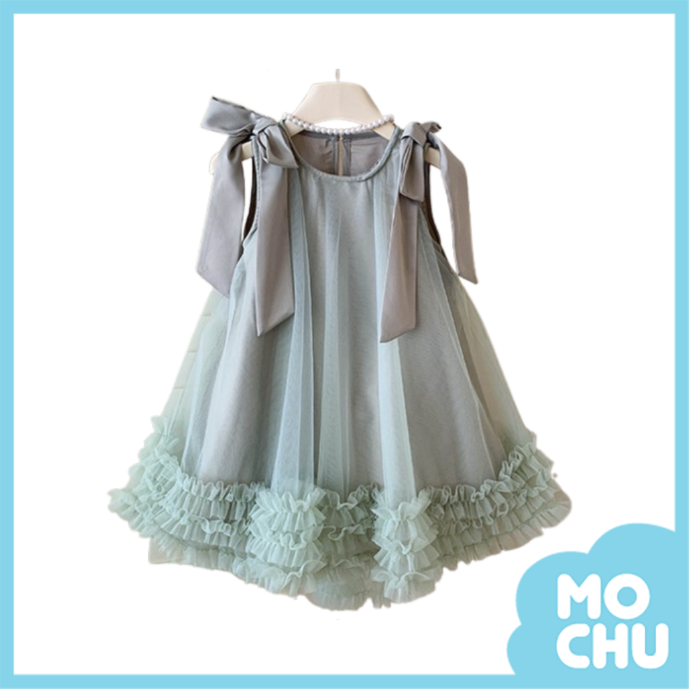 蝴蝶結肩飾網紗抓皺洋裝(二色)