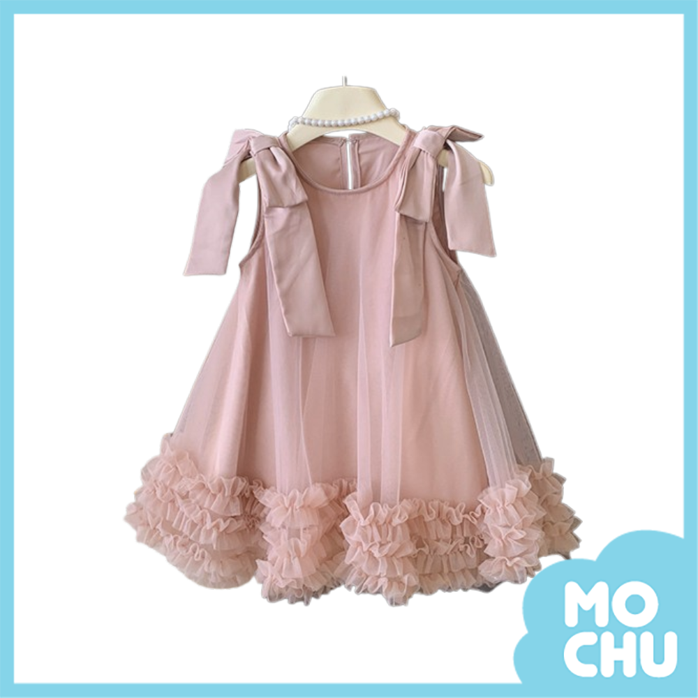 蝴蝶結肩飾網紗抓皺洋裝(二色)