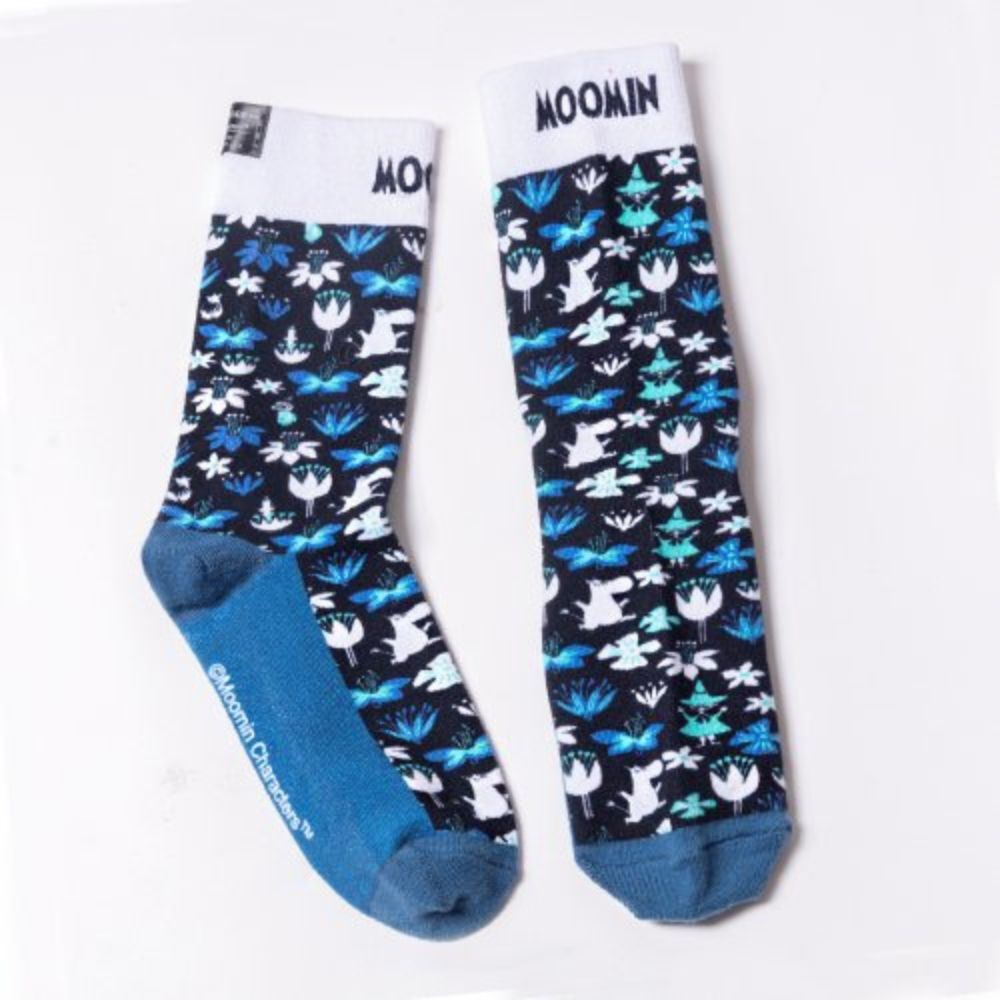 【Pinkoi x Moomin】限量 日系插畫風雙針筒羅紋襪 深藍印花款