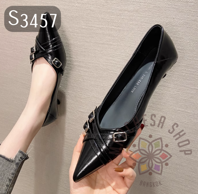 S3457 - 頭層牛皮交叉扣帶尖頭低踭鞋