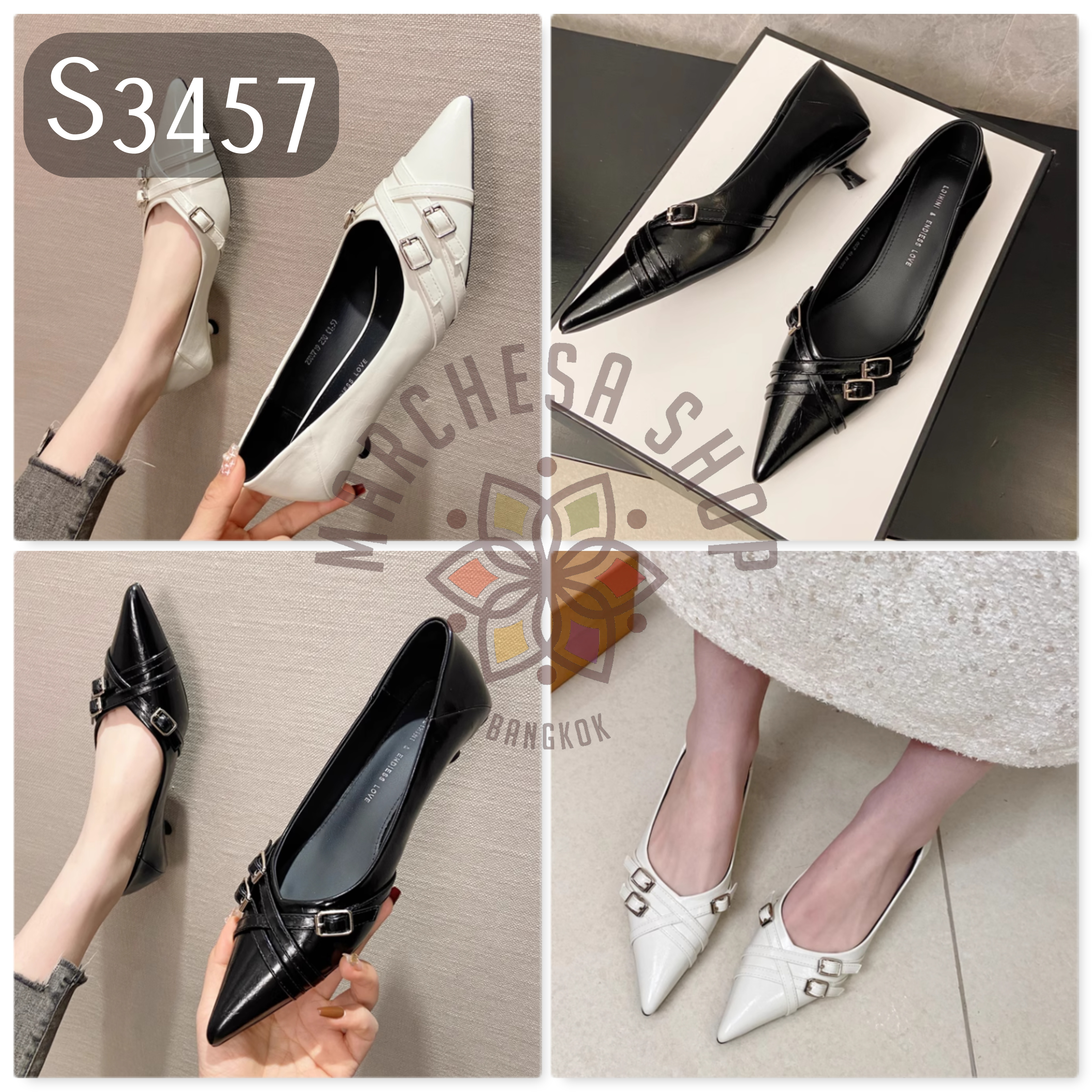 S3457 - 頭層牛皮交叉扣帶尖頭低踭鞋