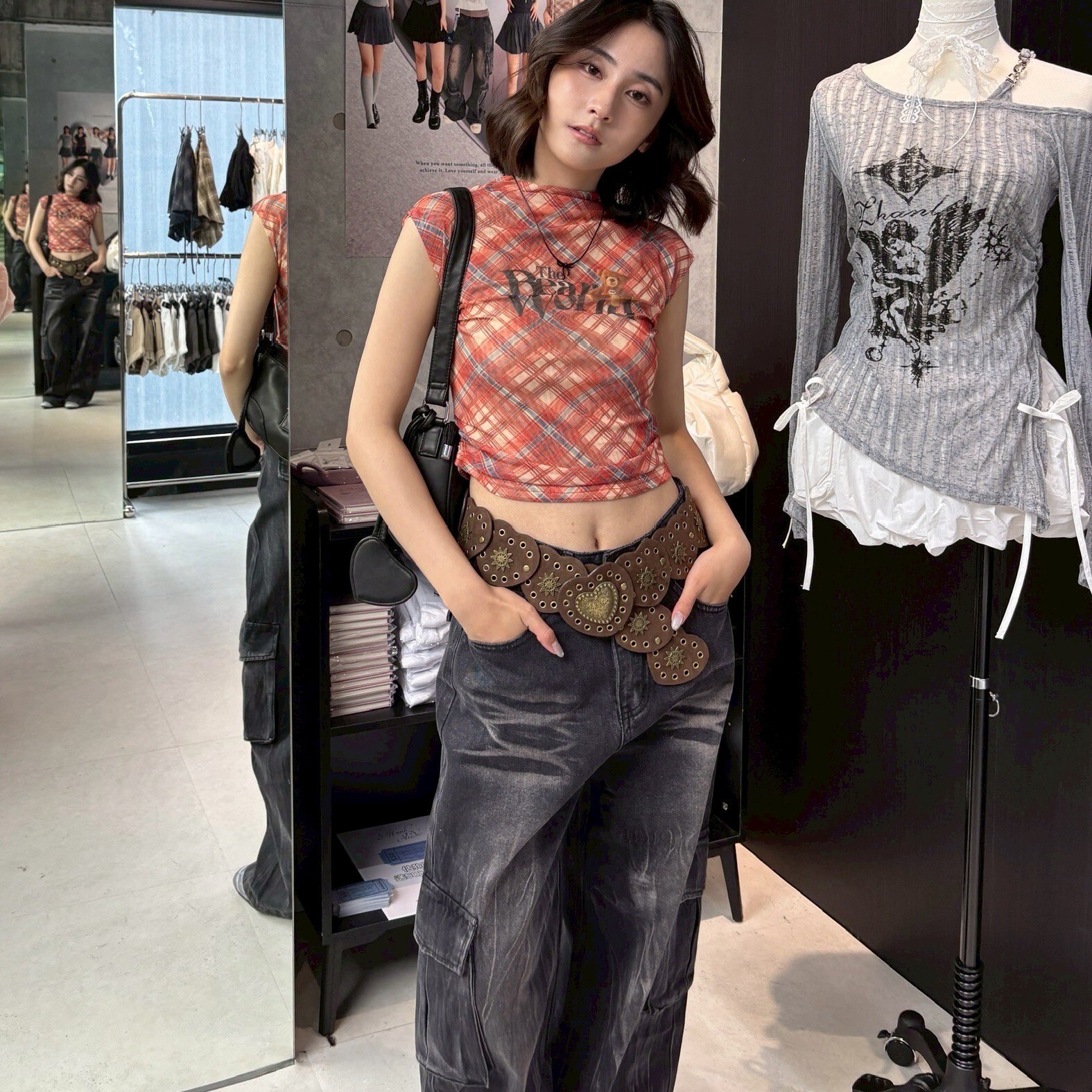 復古小熊格子網紗上衣