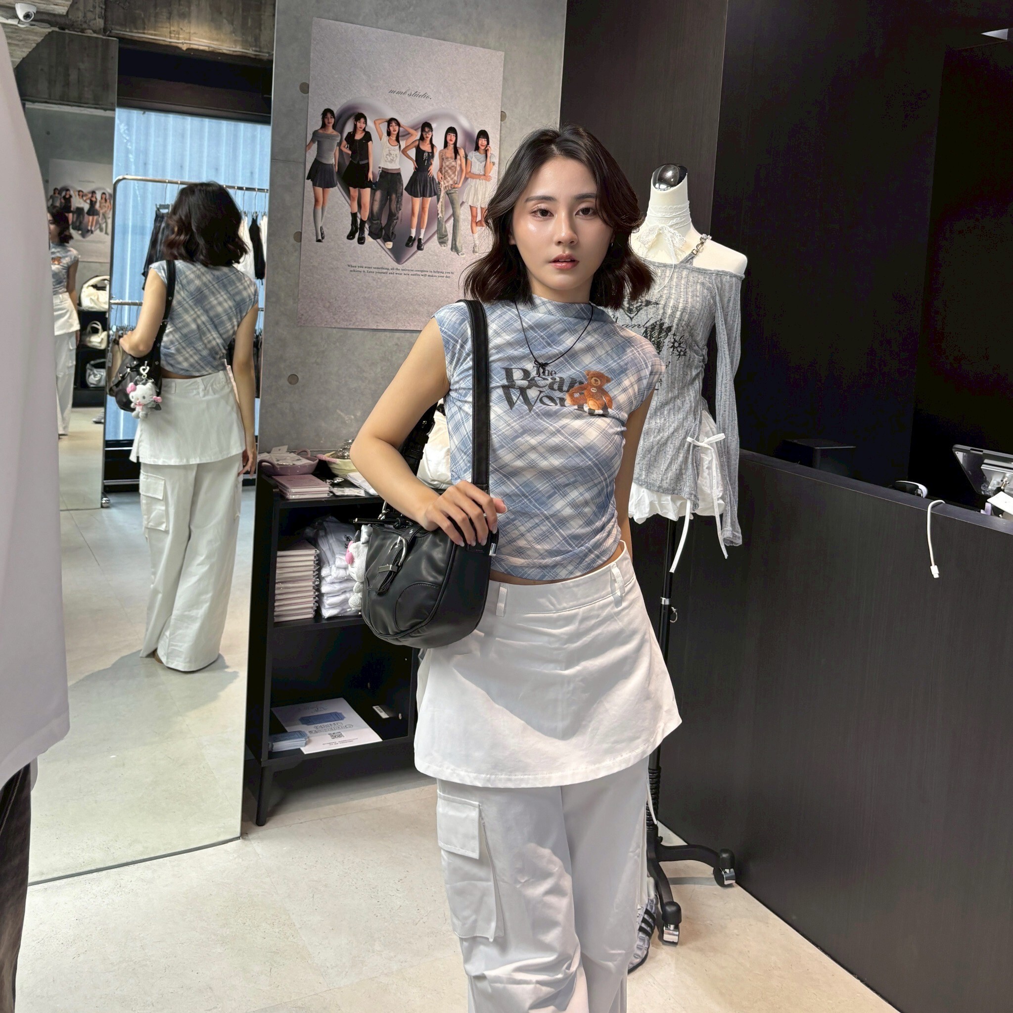 復古小熊格子網紗上衣