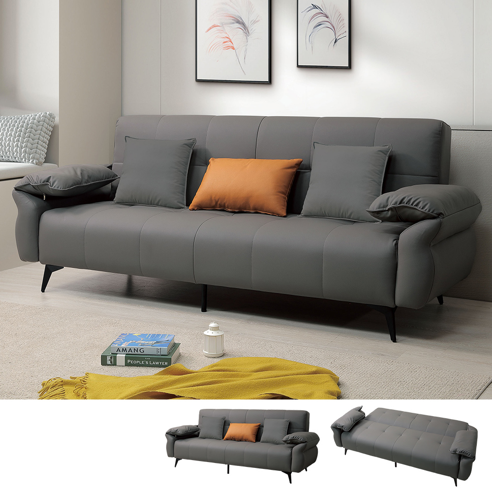 維嘉深灰色皮革沙發床組/三人椅/三人座沙發-附抱枕