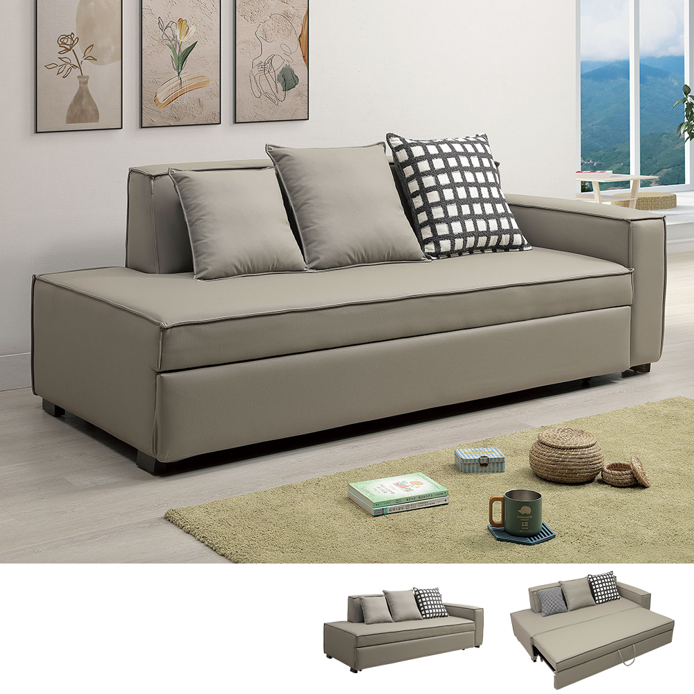 艾蒙灰色耐磨貓抓皮革沙發床組/三人椅/三人座沙發-附抱枕