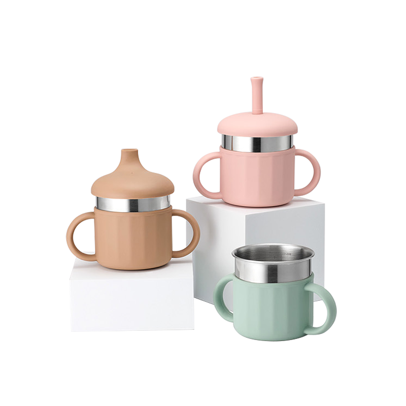 HomeMommy 赫媽咪 2in1矽膠雙耳不鏽鋼學習水杯組