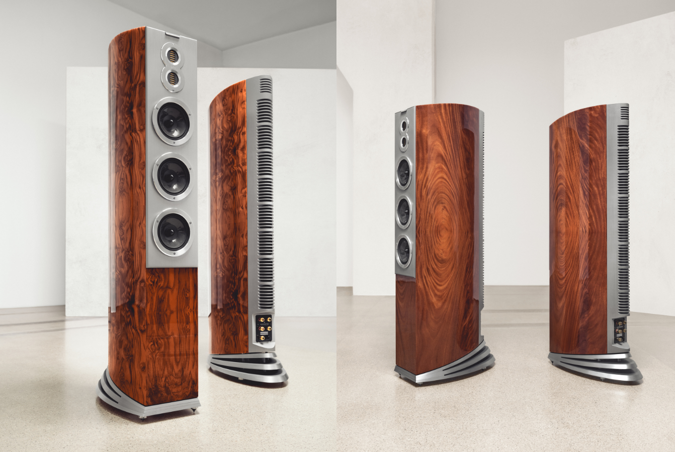 Audiovector R 10 Arreté 顏色 非洲桃花心木皺紋鋼琴、加拿大雀眼楓木鋼琴以及義大利胡桃木紋鋼琴