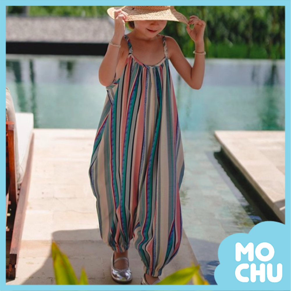 彩色豎條吊帶寬版縮口褲