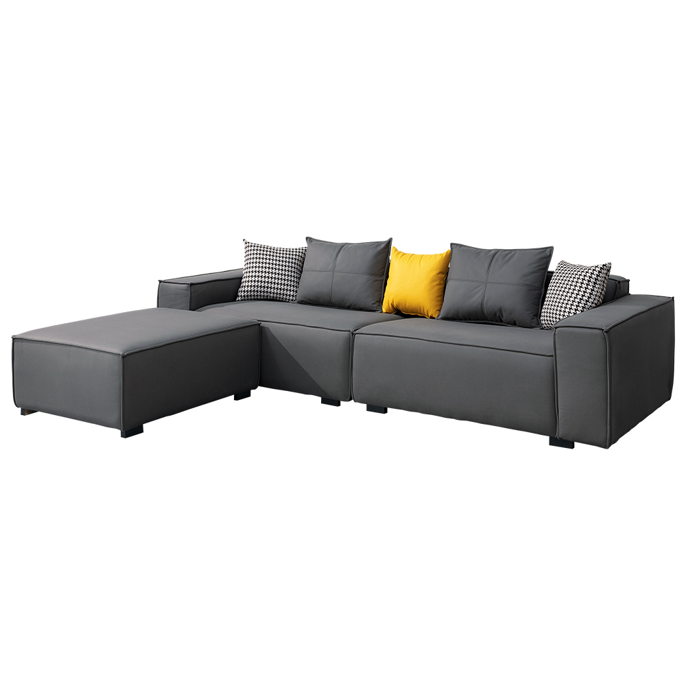 葛妮絲L型深灰色科技布面沙發-附抱枕(四人座+腳椅)