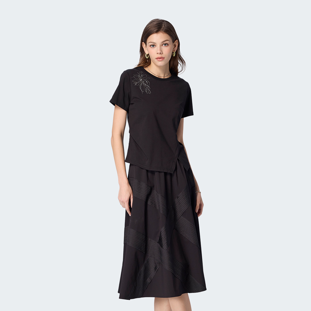 織影壓紋全鬆緊中長裙