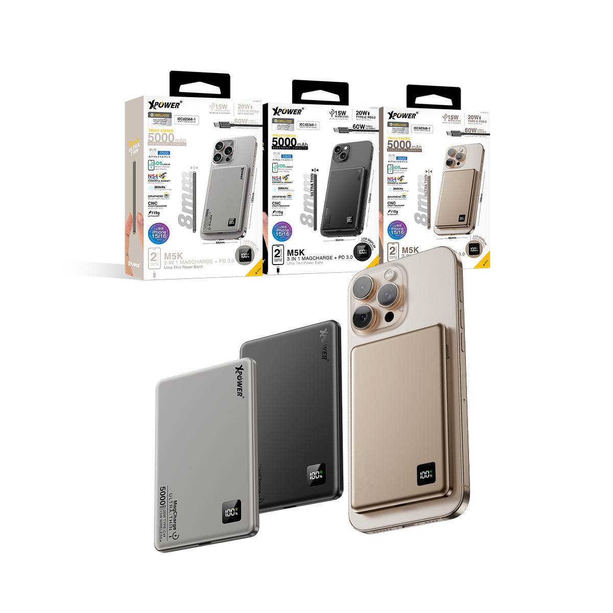 (隨機顏色)XPower M5K 3合1鋁合金數顯 5000mAh PD3.0+磁吸無線外置充電器(隨機顏色)