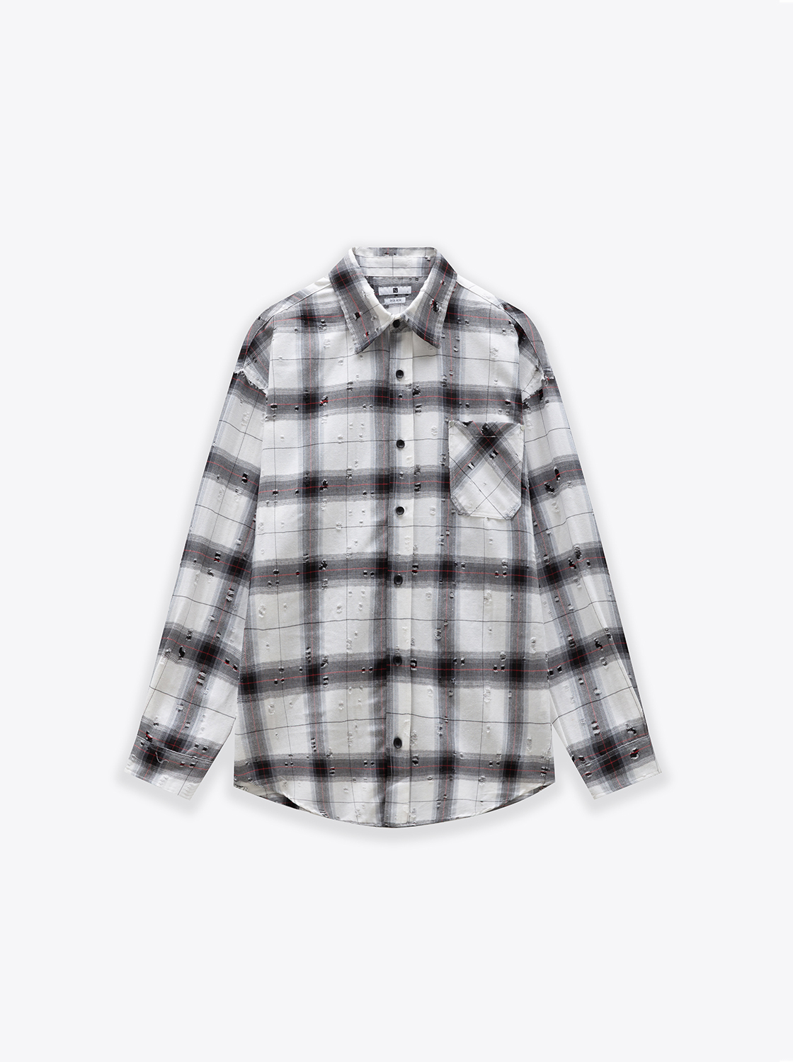 【第二件5折】抽鬚刷破格紋長袖襯衫