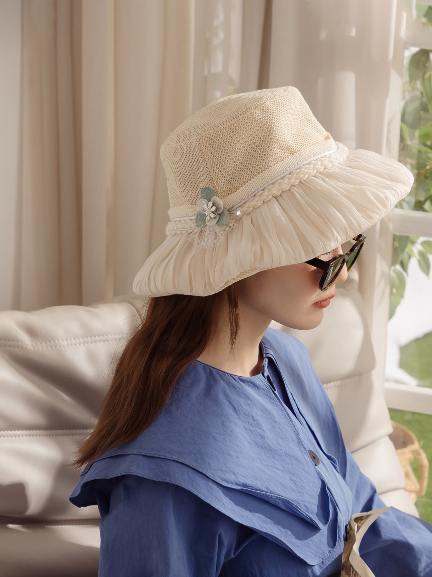 諾比安口曲。MUCHAT手作透紗麻花雪紡漁夫帽