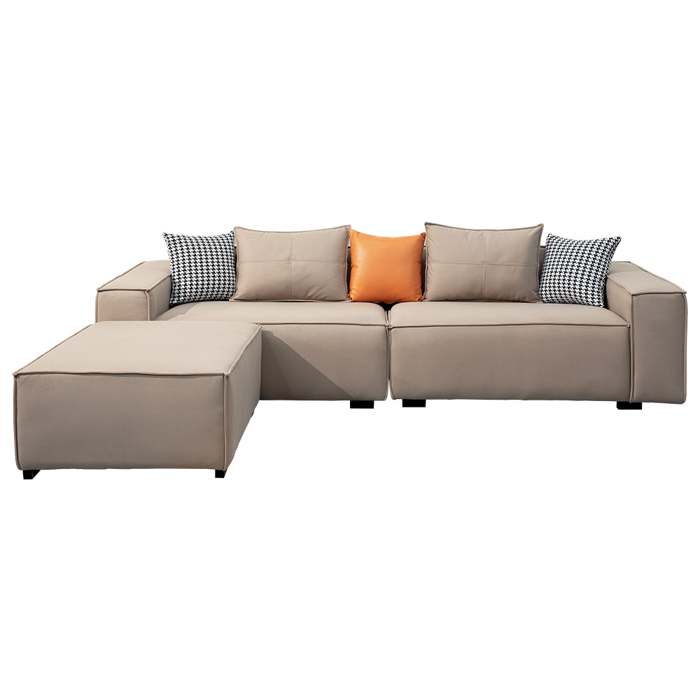 葛妮絲L型卡其色科技布面沙發-附抱枕(四人座+腳椅)