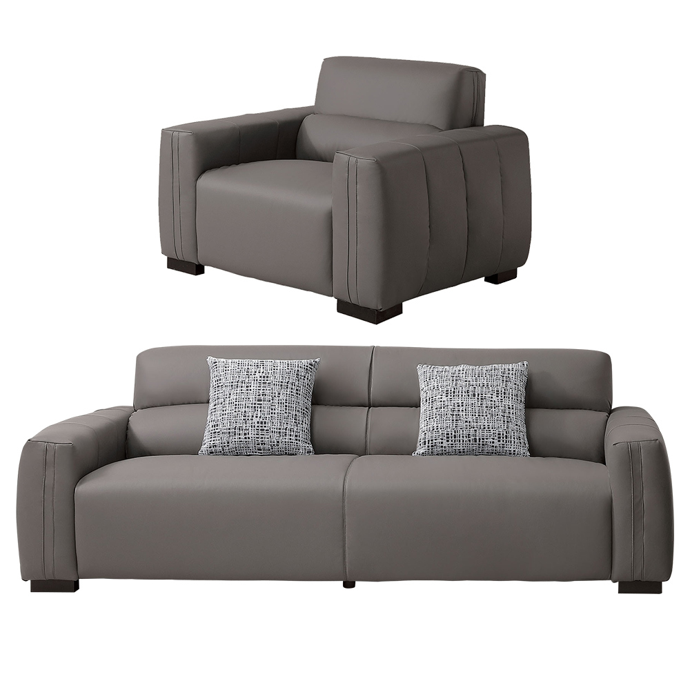 羅伊斯灰色耐磨貓抓皮革沙發組合-二件組(1人+3人-附抱枕)