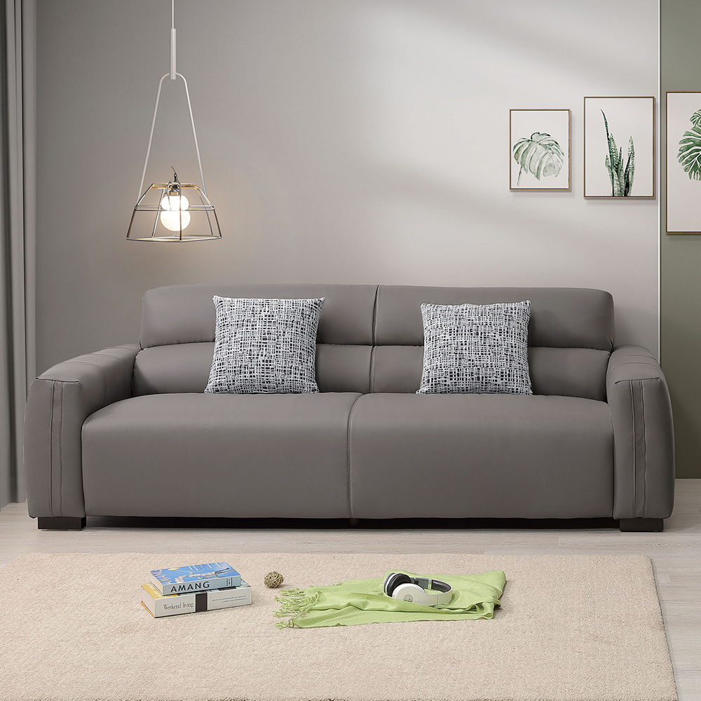 羅伊斯灰色耐磨貓抓皮革沙發三人座/沙發椅-附抱枕