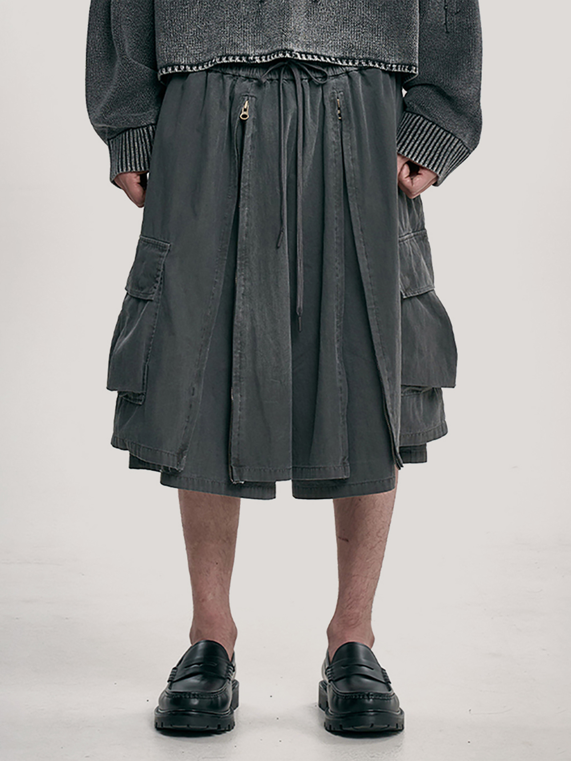 AJOBYAJO WASHED LAYERED ZIP-UP SHORTS 短褲