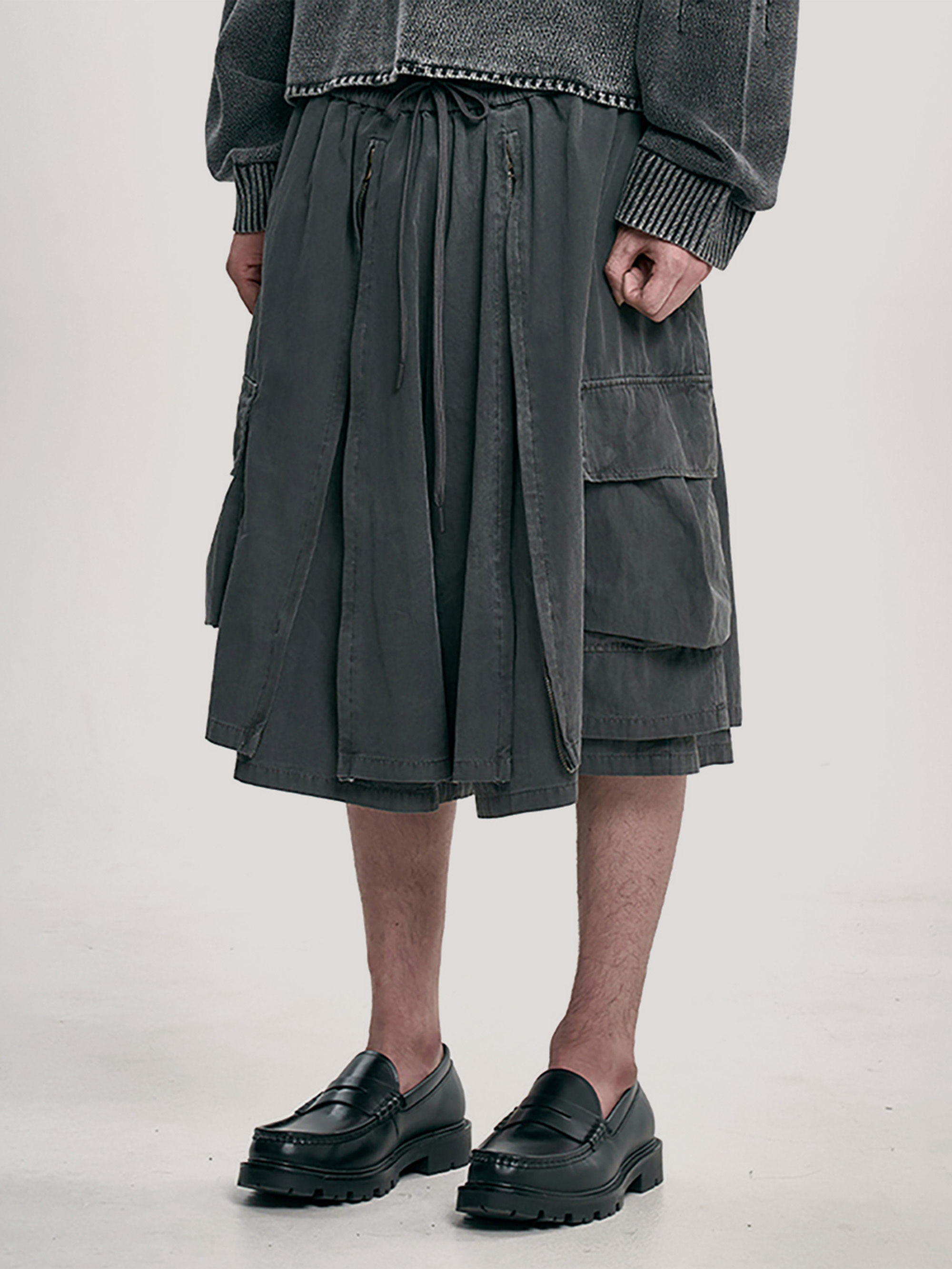 AJOBYAJO WASHED LAYERED ZIP-UP SHORTS 短褲