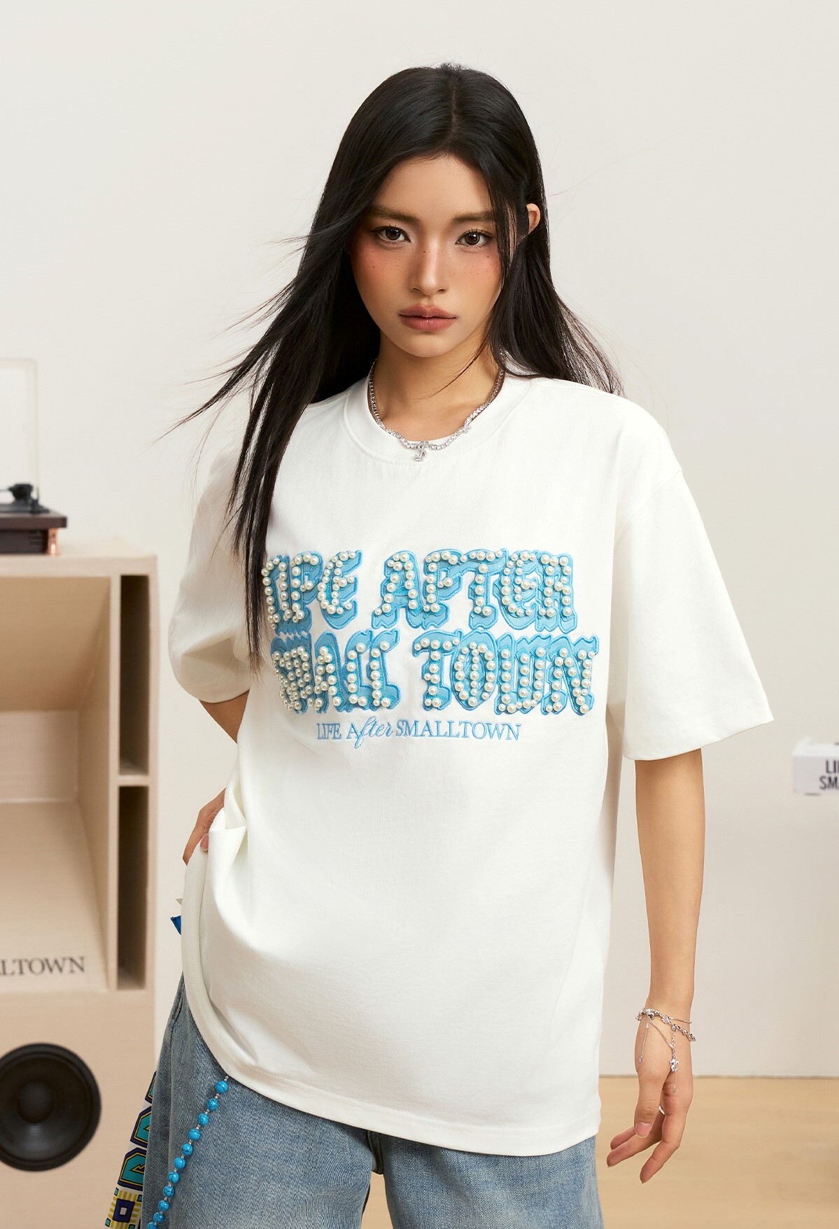 STK SmallTownKid Applique Leather Embroidery Pearl Font Short Sleeve T-Shirt